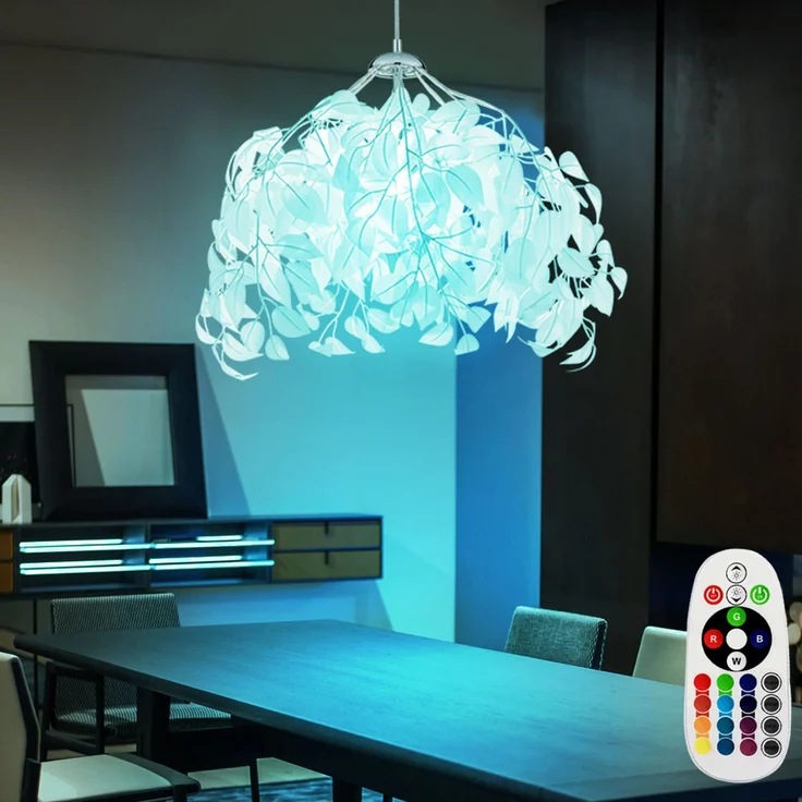 RGB LED Pendelleuchte, Blätter-Design, Chrom, H 150 cm – Bild 3