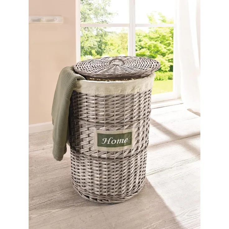 Wäschekorb "Home" aus Weide, grau, mit Deckel, im Landhaus Stil, Wäschetonne