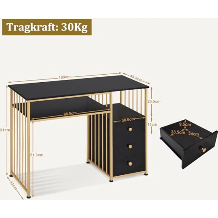 M MCombo Schreibtisch mit Schubladen, Schminktisch ohne Spiegel Schwarz-Gold, Nageltisch aus Holz Metallgestell, Computertisch Wohnzimmer Modern, 45,5 x 109 x 81cm, 2407GBK – Bild 4