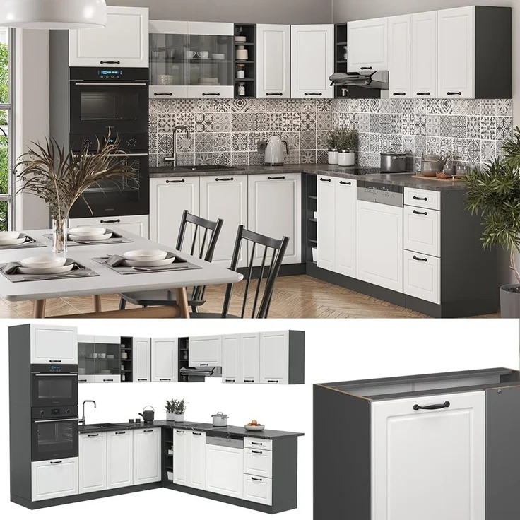 Eckküche R-Line Weiß Landhaus/Anthrazit 247 x 237 cm ohne Arbeitsplatte Vicco – Bild 4