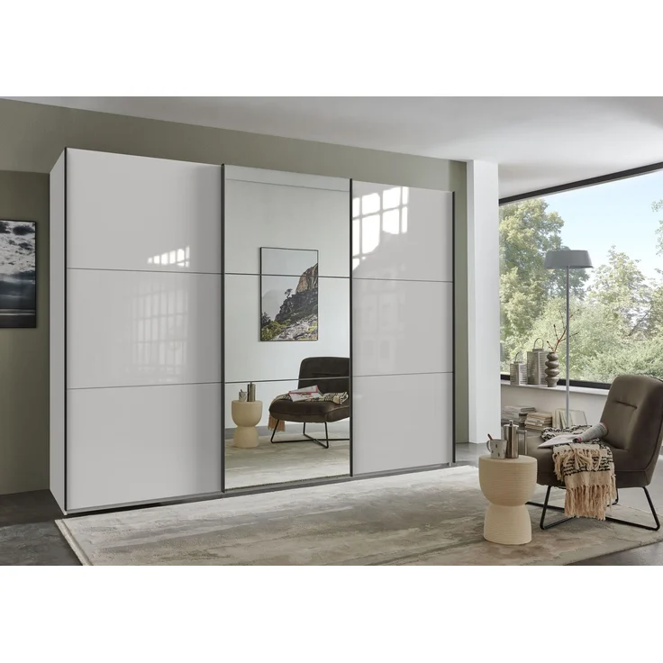 Schwebetürenschrank Kleiderschrank 300 cm Vollausstattung Spiegel Glasfront Weiß – Bild 3
