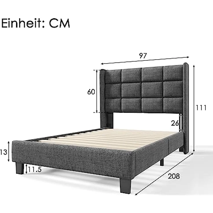 Ball & Cast Polsterbett (90x200cm) Doppelbett mit Matratze, Gepolstertem Kopfteil + Lattenrost, Einfache & Zeitsparende Montage, Grau – Bild 2