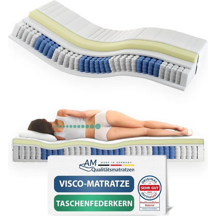 Taschenfederkernmatratze 7-Zonen Federkernmatratze mit Viscoschaum, Memory Foam, Visco-Matratze, AM Qualitätsmatratzen, 24 cm hoch, 90x200 cm