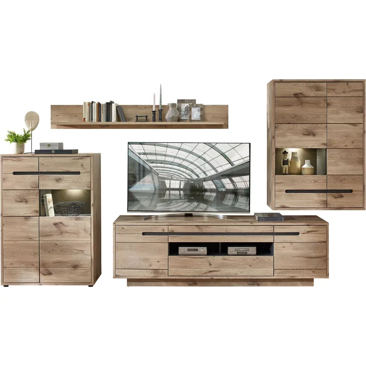 Wohnwand Wohnzimmerschrank BELLANO HH82 Viking Oak Nature mit LED