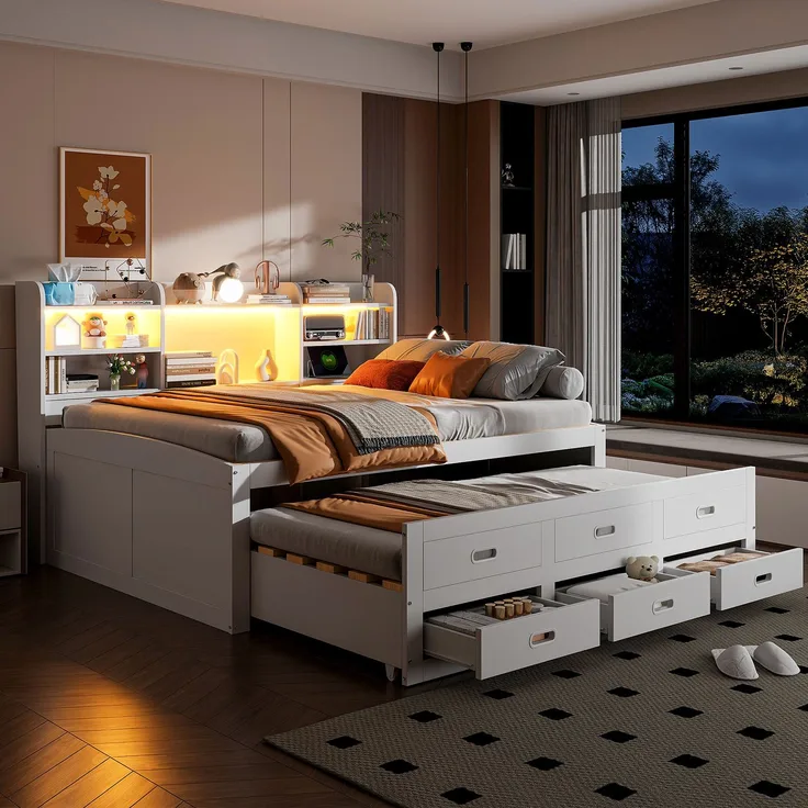 Schlafsofa, Daybett, Tagesbett, 140 x 200cm, Mit LED-Leuchten, 3 schubladen, Nachttischablage, Multifunktionales ausziehbares bett mit usb+type-c, Ohne matratze, Weiß