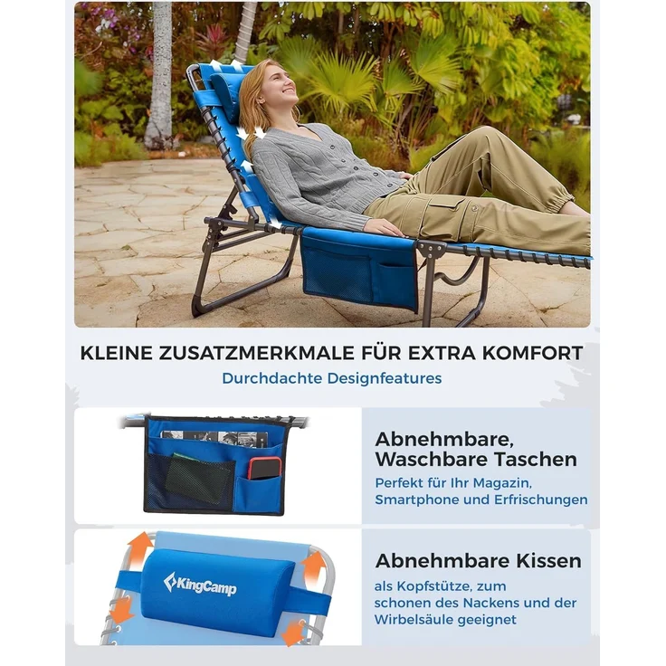 KingCamp Campingliege Sonnenliege Gartenliege klappbar 5-Stufig Verstellbarer Rückenlehne Liege Gartenstuhl Strandliege Camping Klappbett mit Kopfkissen für Garten Urlaub Outdoor Strand Pool – Bild 5