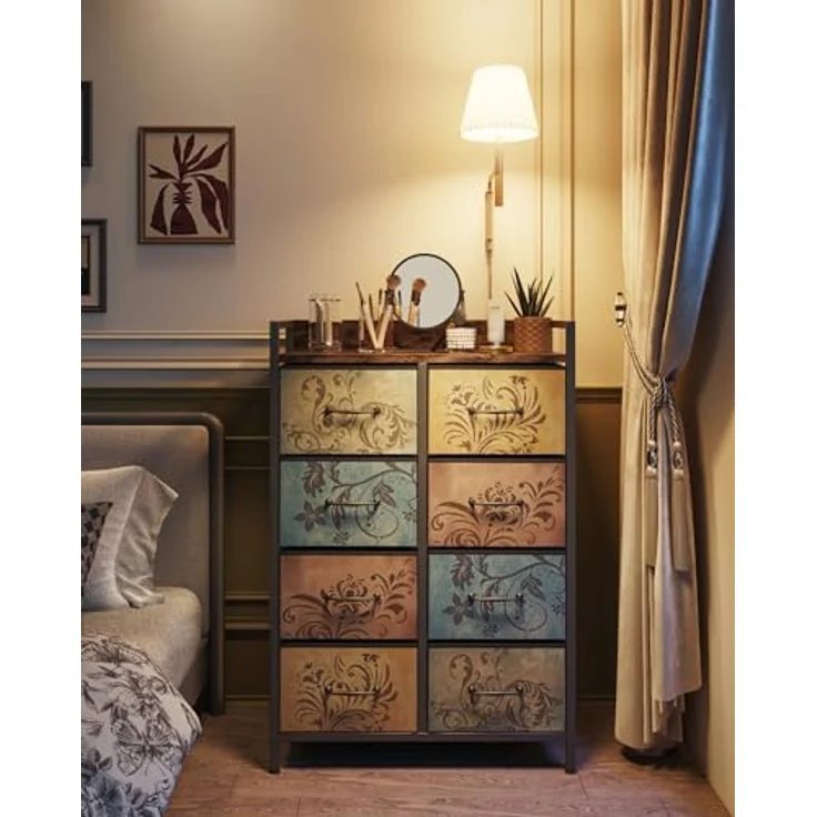 Mondeer Kommode mit 8 Schubladen, Schubladenschrank aus Vintage-Blumenmotiv Stoff Metallrahmen Rustikales, für Wohnzimmer Schlafzimmer Flur, 66.5 x 30 x 105.5 cm, Vintagebraun – Bild 10
