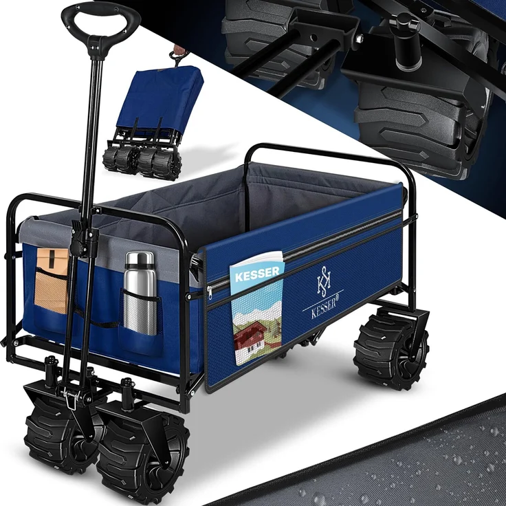 KESSER® Bollerwagen faltbar mit Breite Reifen Handwagen Transportkarre Gerätewagen | inkl. 2 Netztaschen | klappbar | Kunststoff-Reifen | bis 150 kg Tragkraft transportwagen Gartenanhänger Blau/Grau – Bild 1