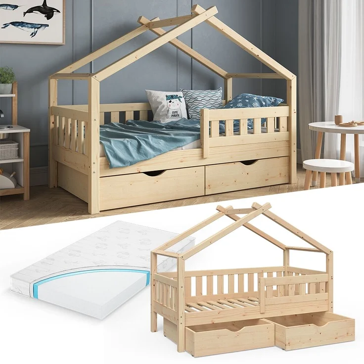 Hausbett Design Naturholz 80x160 cm mit 2 Schubladen und Matratze Vitalispa – Bild 2