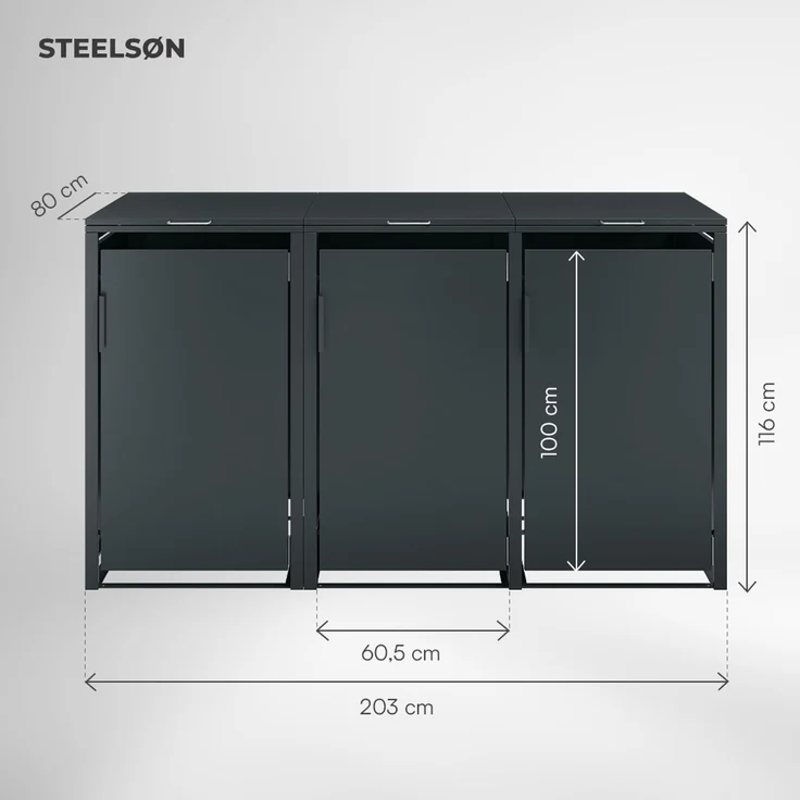 STEELSØN 'Thoria' Mülltonnenbox 3er je 240 Liter, anthrazit, Mülltonnenverkleidung aus Stahl, wetterfest, 116x80x203 cm, Müllbox für 3 Tonnen – Bild 5