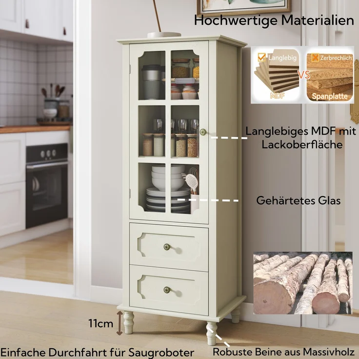 Minimalistisches Buffet mit Glastüren und Doppelschublade, modernes Sideboard aus Holz für Wohnzimmer, Esszimmer, Flur oder Eingangsbereich (weiß) – Cremeweiß – 50 x 40 x 130 cm – YOUDENOVA – Bild 5