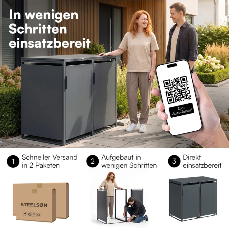 STEELSØN 'Thoria' Mülltonnenbox 2er je 120 Liter, anthrazit, Mülltonnenverkleidung aus Stahl, wetterfest, 102x62x117 cm, Müllbox für 2 Tonnen – Bild 9