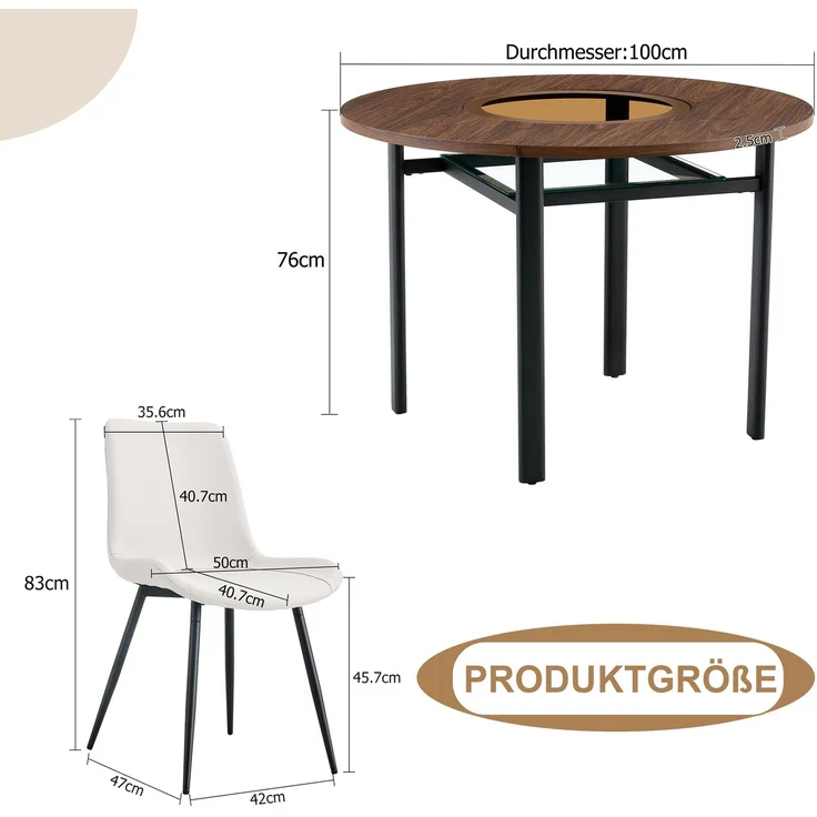 Essgruppe mit 4 Kunstlederstühlen, Tisch Ø 100x76 cm mit Glasablage, Braun/Schwarz/Weiß – Bild 5