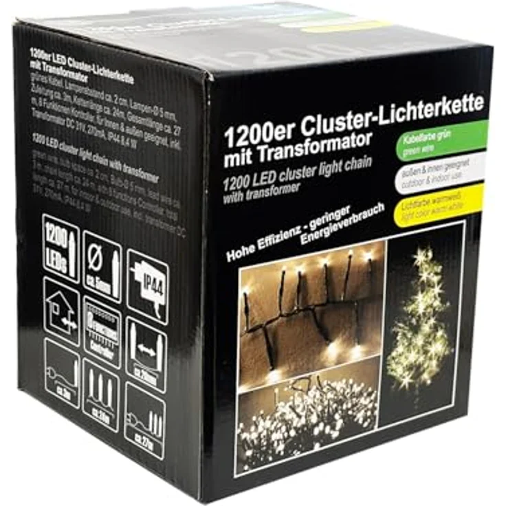 Mojawo 1200er Cluster-Lichterkette, LEDs warmweiß, 27m, dunkelgrünes Kabel, Innen- und Außenbereich, 8 Funktionen, inkl. Transformator – Bild 4