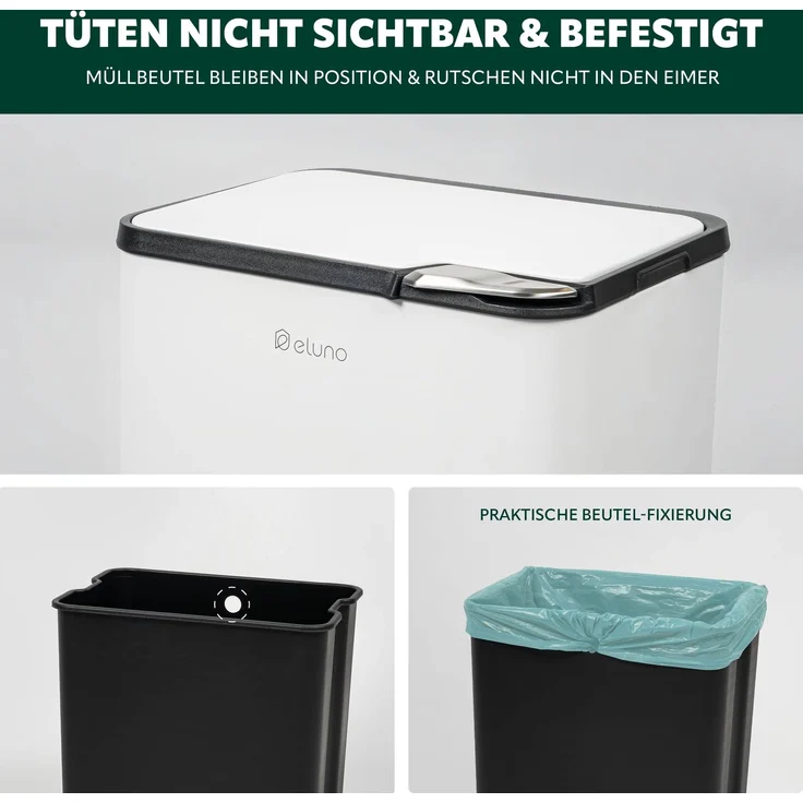 eluno Abfalleimer, 30 Liter Fassungsvermögen aus weißem Metall, ca. 40,5 x 67 x 31 cm (B/H/T) – Bild 6