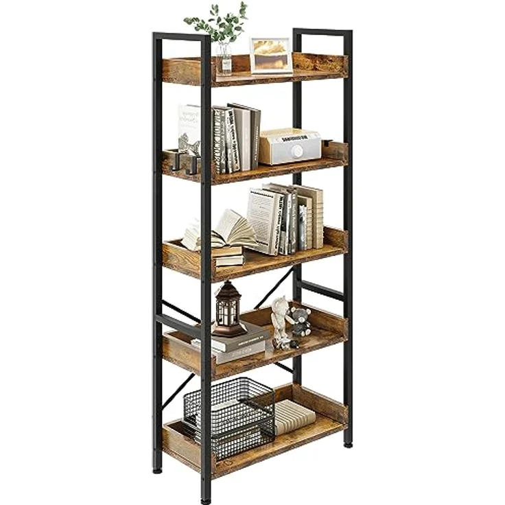 YITAHOME Bücherregal mit 5 Ebenen, Bodenstehende Standregal mit stabilem Stahlrahmen, Regaleinheit, Industrielles Aufbewahrungsregal mit 4 Haken, für Wohnzimmer, Heimbüro, Vintagebraun Lagerregale – Bild 8