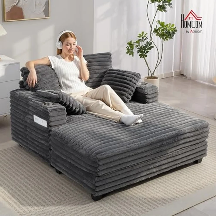 HOMCOM Schlafsofa 2 Sitzer Chaiselongue 134 x 151 cm Groß Sofa mit Bettfunktion, Sofabett 1 Teile, Mit Becherhalter und Bettfunktion – Bild 2