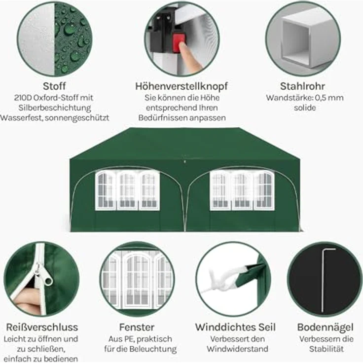 WOLTU Pavillon, Faltpavillon 3x6 m, mit 6 Seitenwänden, Partyzelt wasserabweisend UV-Schutz 50+, höhenverstellbarer Gartenpavillon, mit Tragetasche, für Outdoor Garten Camping Grün – Bild 5