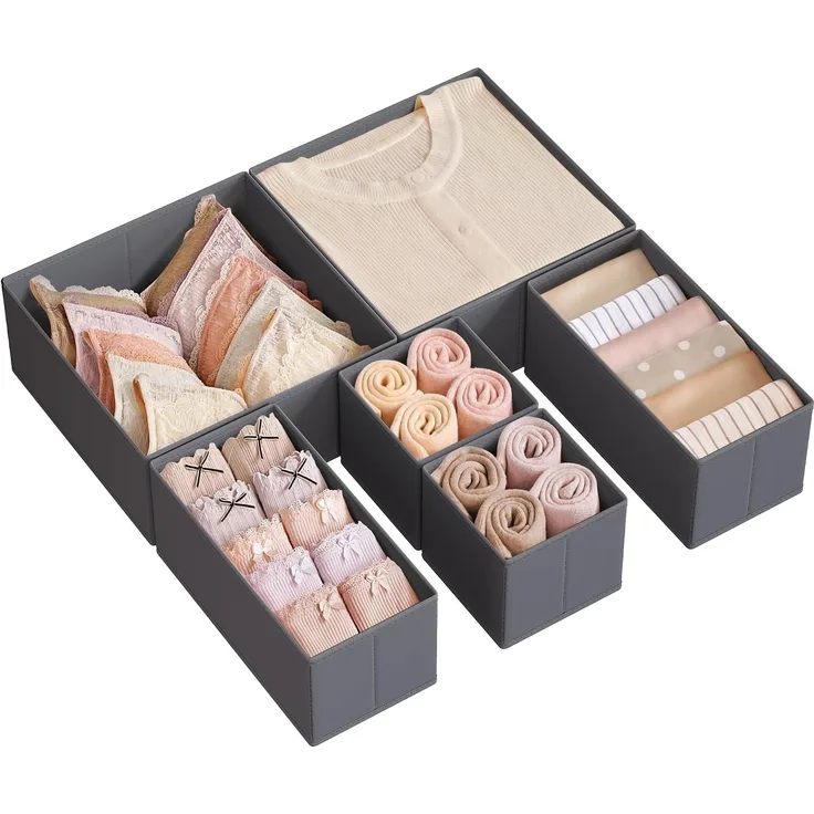 SONGMICS Aufbewahrungsbox für Schublade, 6er Set, Schubladen Organizer, Faltbox, Unterwäsche Organizer, Stoffbox für Socken, Unterwäsche, BHs, schiefergrau