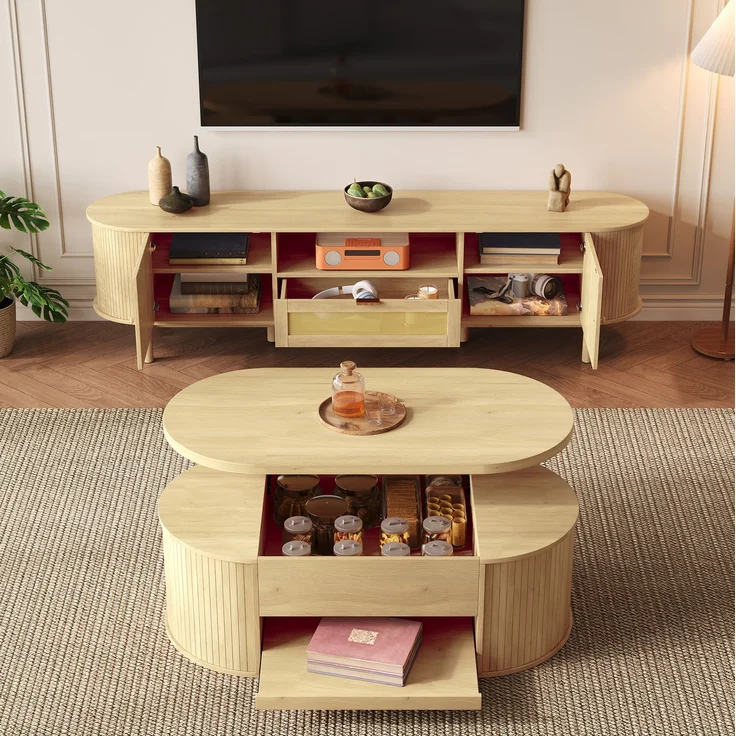 DESVIAE Couchtisch-Set 2-tlg. höhenverstellbar mit TV-Schrank 110x40x55,5 cm / 175x41x36 cm MDF Natur – Bild 6