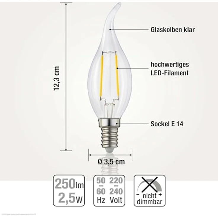 hellum LED Glühlampe, Kerzen-Windstoß Glühbirne E14 LED warmweiß, 250 Lumen Windstoßkerze 2W, entspricht 25-Watt Kerzenbirnen, 2700 Kelvin Warmweiß 3,5 x 3,5 x 10 cm – Bild 3