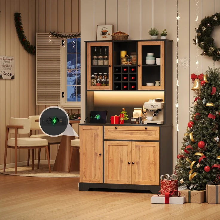 Küchenschrank, Hochschrank, Aufbewahrungsschrank, Vitrinenschrank mit Tür, integriertem Gewürzregal, verstellbaren Einlegeböden,mit farbwechselnder LED-Beleuchtung und Steckdose, 180 × 105 × 40 cm--Schwarz + Natur--105x40x180cm--YOUDENOVA – Bild 2