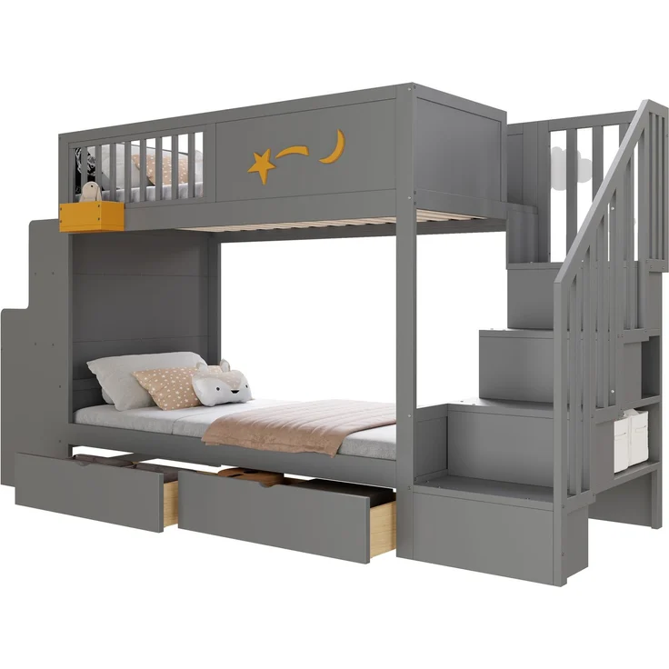 Etagenbett für Kinder mit Aufbewahrungsschubladen, Sicherheitstreppe, Schreibtisch und Sternenmotiv – 90 x 200 cm Massivholzrahmen aus Kiefernholz, Grau – Bild 5