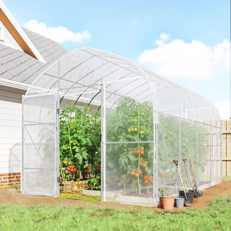 Wohnora-12 m² großes Gartentunnel-Gewächshaus mit Tropfschutzfolie, 25 mm starkem, verzinktem Stahlrahmen, verstärkter Konstruktion, 2 Flügeltüren, transparent,H 2670cm x T 1050cm x B 2960cm – Bild 1
