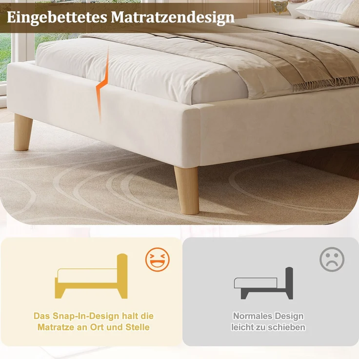 Merax Polsterbett, Einzelbett, Kinderbett 90 x 200cm, Bett mit Lattenrost und Kopfteil, Bettbeine aus Massivholz, gepolstertes Kopfteil, samt, beige – Bild 5