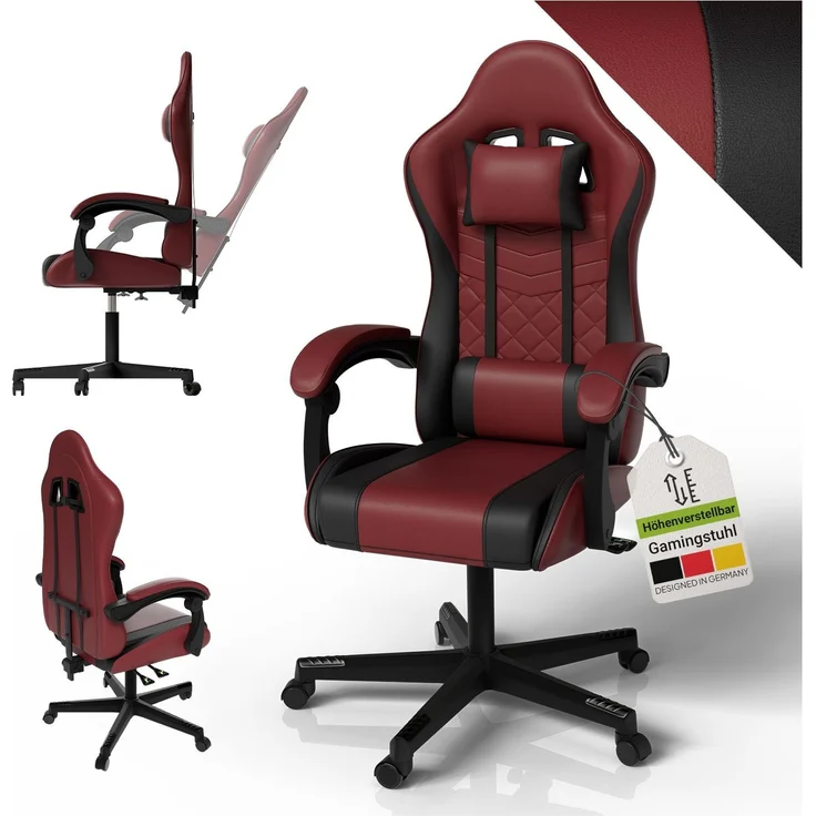 Juskys Gamingstuhl HyperSeat, verstellbare Rückenlehne, höhenverstellbarer Drehstuhl, Kunstleder, ergonomisch, für Büro & Gaming Setup – Bordeaux/schwarz – Bild 1