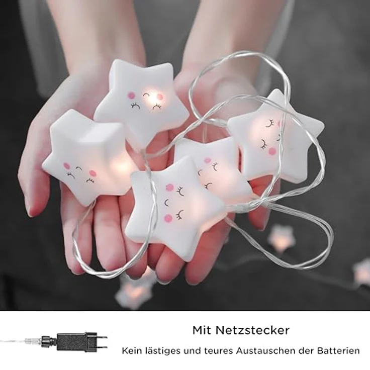 COZY HOME LED-Lichterkette Sternen Batterie und Stecker, 20 LED I 5m I Warmweiße LED-Stern Lichterkette I Kinderbett Bunt Deko – Bild 4
