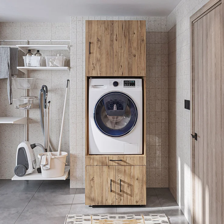 Roomart Waschmaschinenschrank 205 cm – Überbau, Ausziehbrett, Schublade | • Eiche – Bild 3