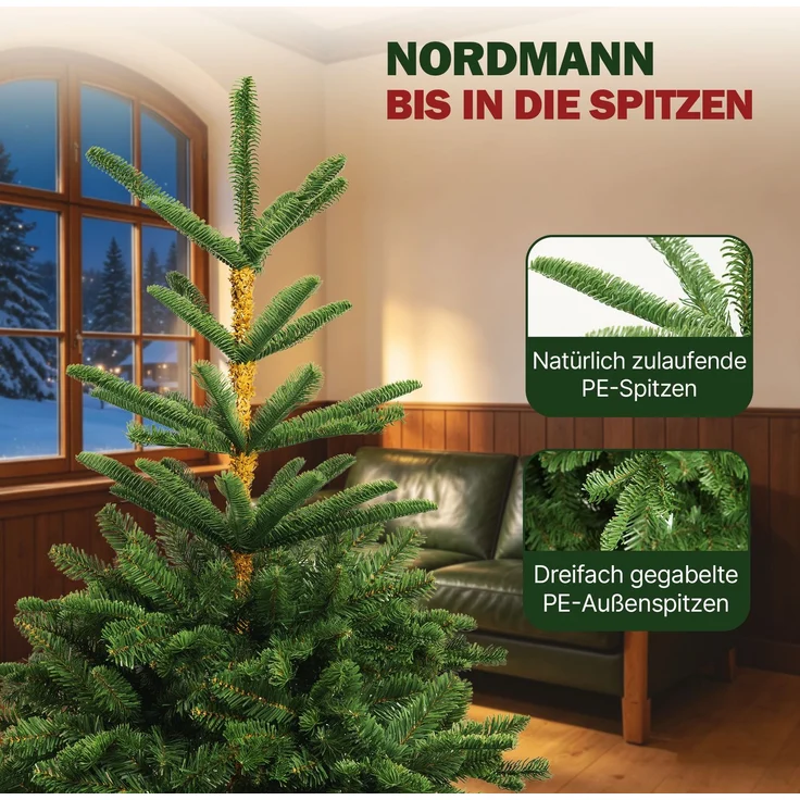 Aurelia Home Künstlicher Weihnachtsbaum 150 cm – Nordmann-Optik mit PE-Wipfel, Holzständer und Tasche – Bild 3