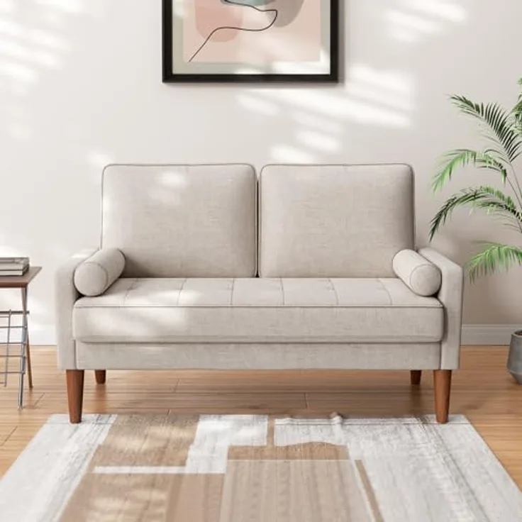 Vesgantti Sofa 2-Sitzer, 121 cm, Stoffcouch, Beigegrau, Couch 2 Sitzer mit 2 Wurfkissen, Kleine Stoffcouch mit Armlehne, Knöpfe Sitzkissen Gästesofa für Wohnzimmer/Wohnung/Büro