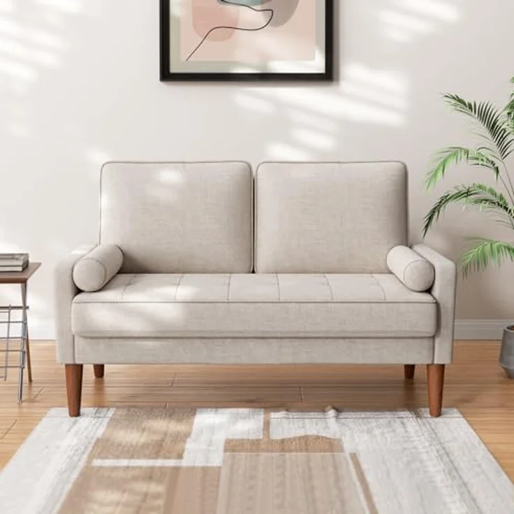 Vesgantti Sofa 2-Sitzer, 121 cm, Stoffcouch, Beigegrau, Couch 2 Sitzer mit 2 Wurfkissen, Kleine Stoffcouch mit Armlehne, Knöpfe Sitzkissen Gästesofa für Wohnzimmer/Wohnung/Büro – Bild 1