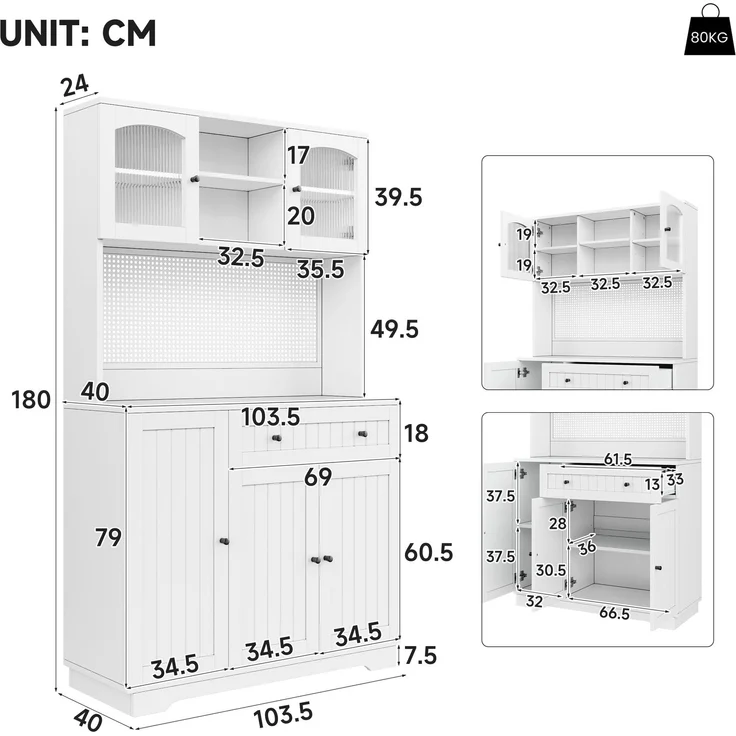 Vitrinenschrank mit Tür, Küchenschrank, Hochschrank, verstellbaren Einlegeböden, Lochblech, Weiß, 103.5× 40 × 180 cm--Weiß--103.5x40x180cm--YOUDENOVA – Bild 2