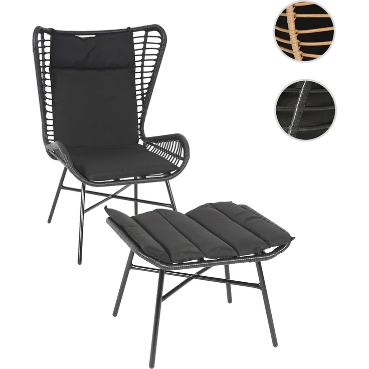 Poly-Rattan Set HWC-G17b, Balkon-Set Gartengarnitur Sitzgruppe Stuhl+Hocker Sessel, Seil ~ anthrazit, Kissen anthrazit – Bild 9