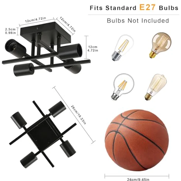 Goeco Deckenleuchte Vintage, Industrial Kronleuchter Lampe E27 4 Flammig Metall, Retro Deckenlampe Schwarz Pendelleuchte für Schlafzimmer, Wohnzimmer, Esszimmer, Küche – Bild 3