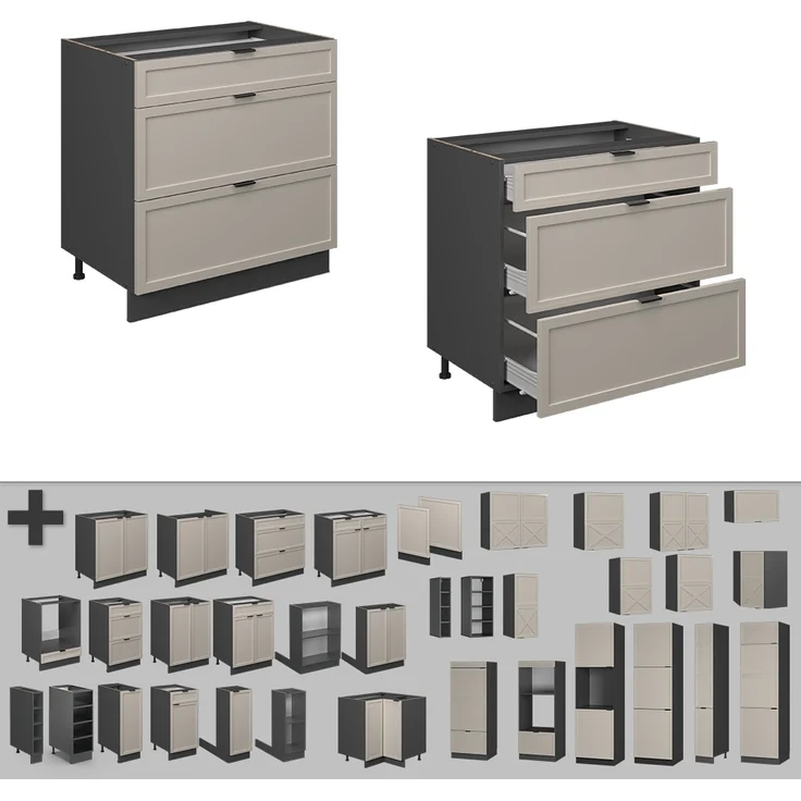 Küchenunterschrank Fame-Line GrauBeige 80 cm mit 3 Schubladen, ohne Arbeitsplatte Vicco – Bild 5
