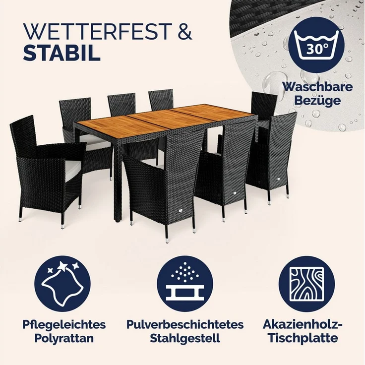 Casaria Garten-Essgruppe, (9-tlg), Polyrattan 8 stapelbare Stühle 190x90 cm Esstisch Akazie Wetterfest – Bild 2