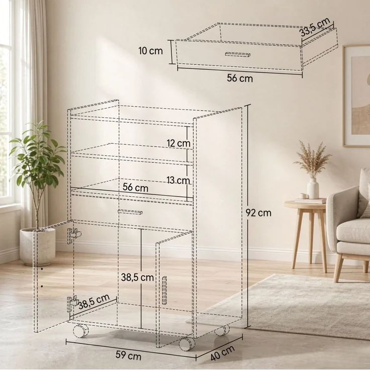 Mikrowellenwagen 59x40x92 cm auf Rollen mit Schublade und Schrank – MDF, Schwarz – Bild 3