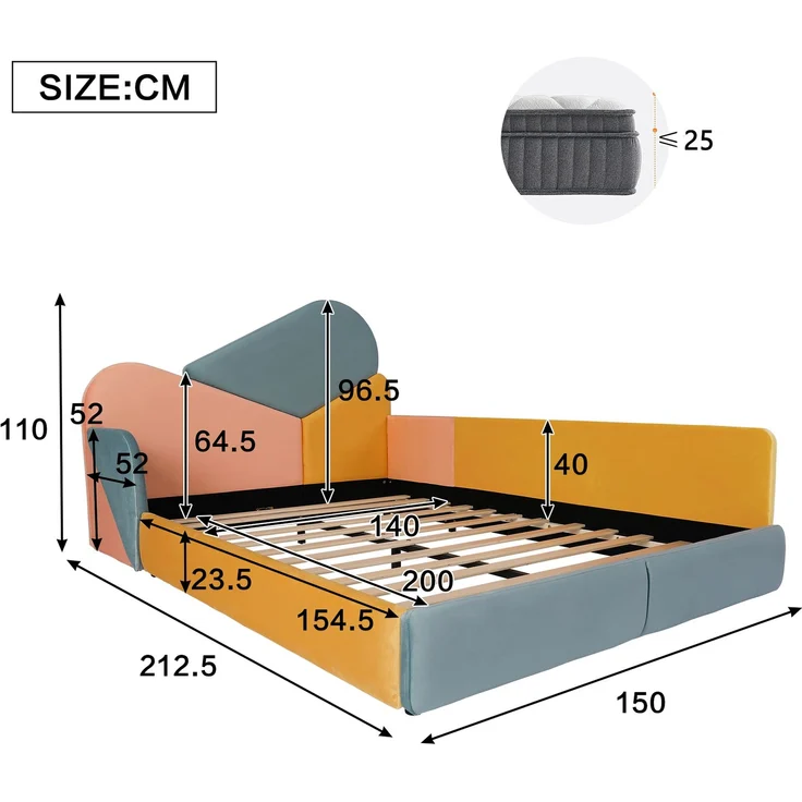 TavilaEcon Polsterbett Weiches Bodenbett mit gepolstertem Kopfteil & Fallschutz Blau+Pink+Orange Liegefläche 140 × 200 cm – Bild 6