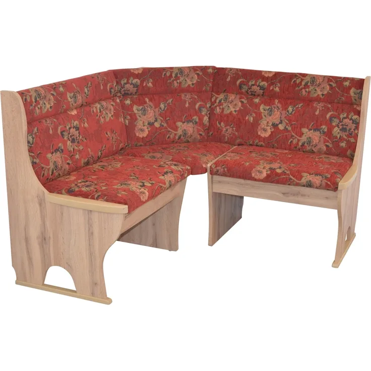 Truheneckbank "Anja 1E" 125x125 cm, Holzdekor Eiche, Stoff rot mit Blumendessin