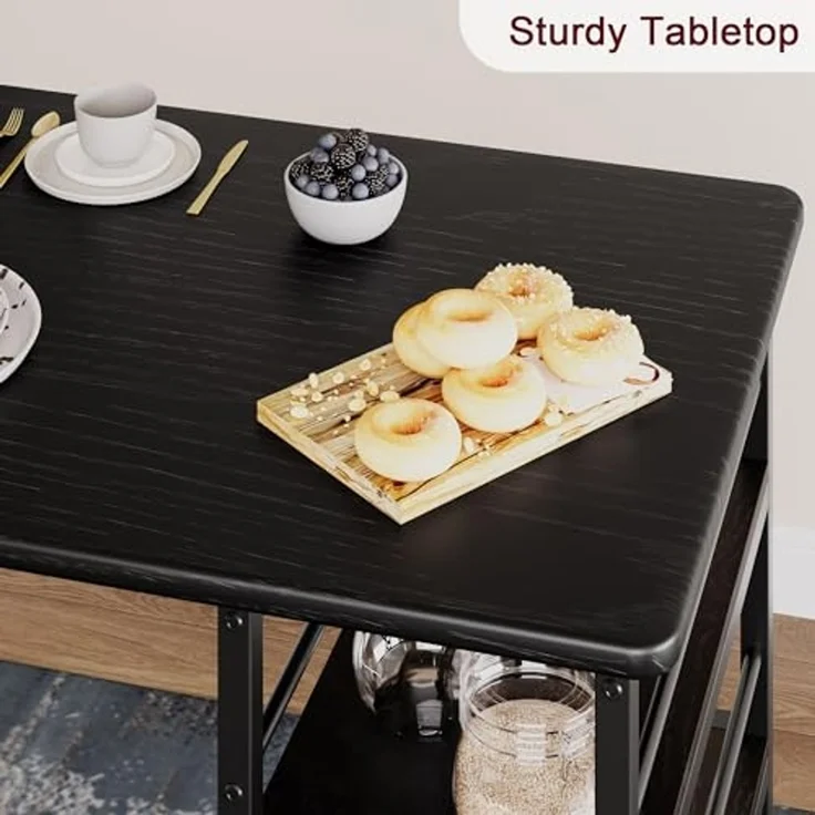 Bartisch mit Barhocker Set, Barhocker 3er Set für 2 Personen mit 1 Tisch + 2 Gepolsterte Stühle, Rückenlehne - Küchentisch mit 3 Ablagen, Esstisch für Wohnzimmer, Esszimmer und Küche, Schwarz – Bild 5