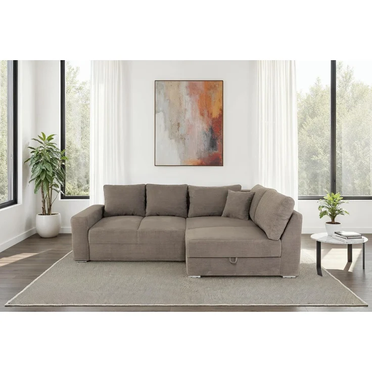 Ecksofa-Dauerschläfer Federkern Topper Bettkasten Schlafcouch Cord Braun Taupe – Bild 2