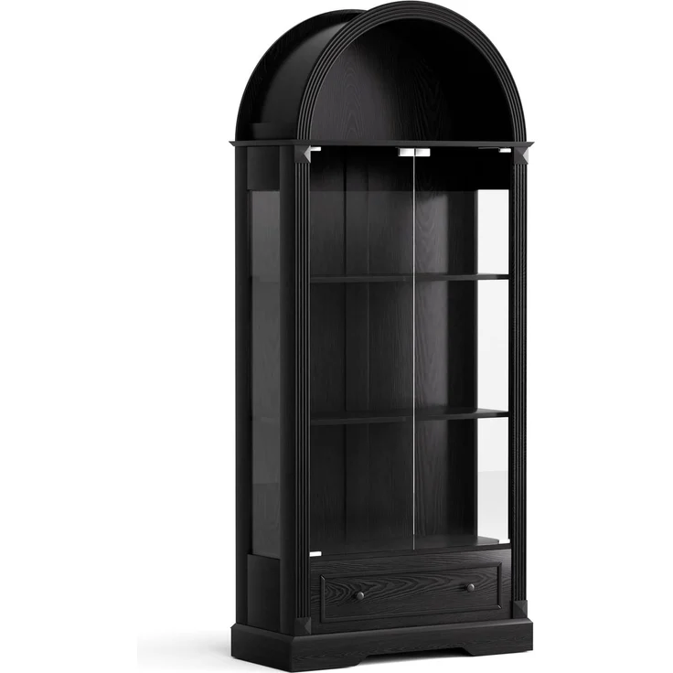 180cm hohe Vitrine in Bogenform, Küchenschrank mit Glastüren, ausgestattet mit LED-Lichtleisten und Schubladen; Vitrine im modernen Landhausstil, geeignet für Wohnzimmer, Küche und Esszimmer, Schwarz--Schwarz--80x35x180cm--YOUDENOVA – Bild 8