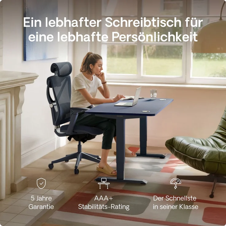 Desktronic HomePro Elektrisch höhenverstellbarer Schreibtisch 140x70cm Blau/Blau mit Memory-Funktion, Anti-Kollisions Technologie, USB-A und USB-C-Ladeanschlüssen – Bild 2