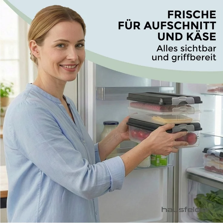 Hausfelder Frischhaltedose Aufschnittdosen Set mit Deckel, 6 x flach, 2 x hoch, Anthrazit, Kunststoff, (Set, 8-tlg, 6x flach, 2x hoch), Kühlschrank Organizer, BPA-frei, stapelbar – Bild 3