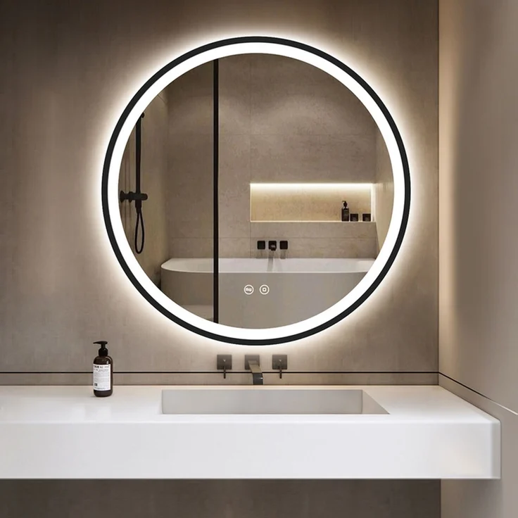 GIMBELEN LED Badezimmerspiegel 60 cm, runder Wandspiegel mit Beleuchtung, 3 Lichtfarben, dimmbar, Memory-Funktion, HD-Sicherheitsglas, IP44, Schwarz – Bild 1