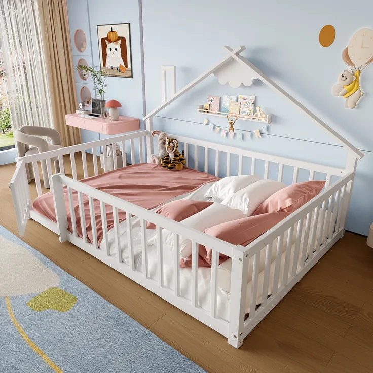 Flachbett Kinderbett Hausleiste Geländer mit Schloss Kiefernholz Weiß 140 x 190 cm